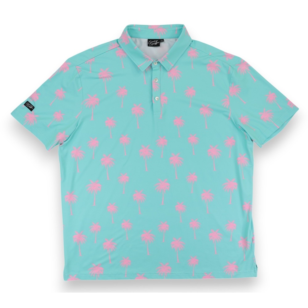 Sunday Swagger Polo Shirt Mens 2XL Blue Pink Palm Tree Golf Performance Stretch